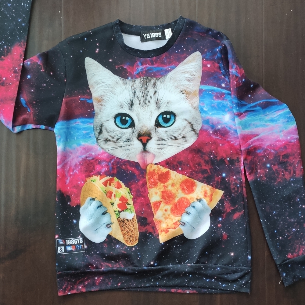 YS1986 Cat Taco Pizza Graphic Sweater